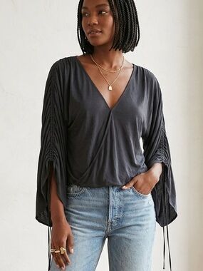 Free People Salt N Peppa Top Black Draped Surplice Boho Blouse Size L